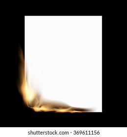 Burning white sheet of paper isolated on a black background. Stock vector illustration.