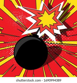 Burning wick of bomb. Bomb explosion against background of flying rays and halftone dots. For comic book and manga. Vector bright dynamic cartoon illustration. Pop-art style template for your design
