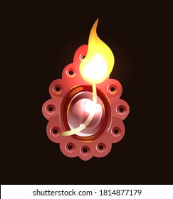 Burning wick in clay Indian diya. Diwali, Indian holiday of light. Vector object isolated on dark background