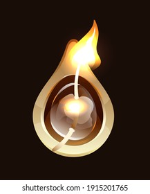 Burning wick in golden metallic Indian diya. Diwali, Indian holiday of light. Vector object isolated on dark background