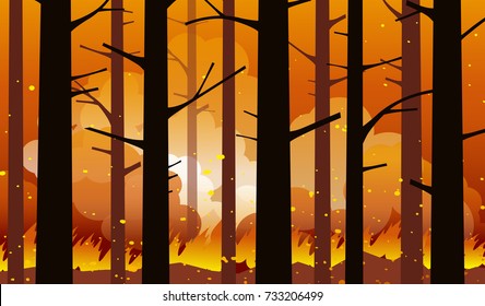 Burning  wildfire in California with charred trees in silhouette. Natural disaster. Vector illustration.