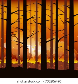 Burning wildfire with charred trees in silhouette. Natural disaster. Vector illustration. Southern California wildfires.