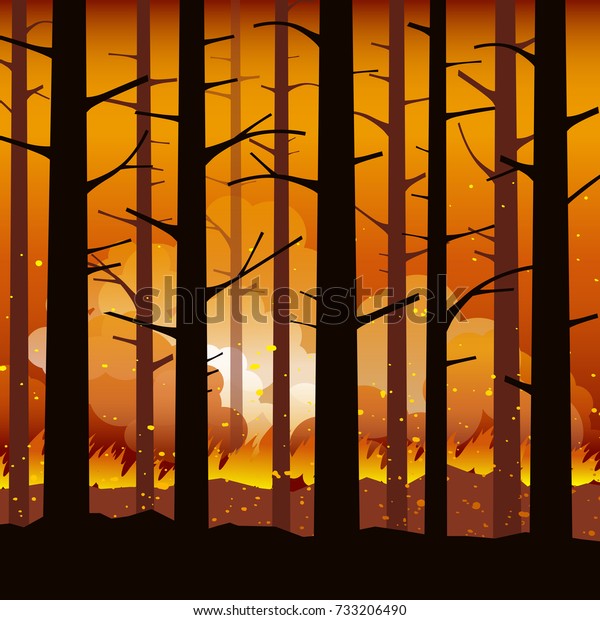 Burning Wildfire With Charred Trees In Silhouette Natural Disaster Vector Illustration 