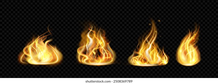 Burning wildfire flames set, burn bonfire and blazing fiery spurts. Vector isolated realistic flammable energy balls with sparkles and ignition. Small sphere for game, power and warm or heat