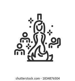 Burning a woman tied to a stake for witchcraft. The crowd watches the burning of the witch, linear icon. Editable stroke