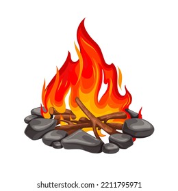 Burning wood of bonfire vector illustration. Cartoon isolated fire of campfire, flame of firewood in stone fireplace with burning forest dry sticks and branches, blazing flammable lumbers and coal