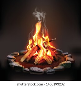 Burning wood campfire with orange flame surrounded by stones on dark background realistic vector illustration 