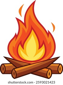 Burning Wood Fire Vector Illustration. Simple and Colorful Flat Clipart Campfire for Graphics. Bright Flames and Wooden Logs. Icon and Fire Art.