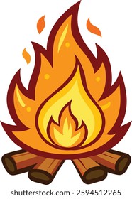 Burning Wood Fire Vector Illustration. Simple and Colorful Flat Clipart Campfire for Graphics. Bright Flames and Wooden Logs. Icon and Fire Art.