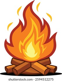 Burning Wood Fire Vector Illustration. Simple and Colorful Flat Clipart Campfire for Graphics. Bright Flames and Wooden Logs. Icon and Fire Art.