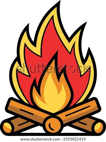 Burning Wood Fire Vector Illustration. Simple and Colorful Flat Clipart Campfire for Graphics. Bright Flames and Wooden Logs. Icon and Fire Art.