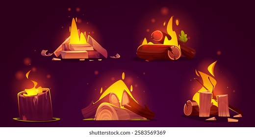 Burning wood logs and campfire set with glowing flames. Cut timber pieces, round stumps, wooden planks with bright yellow fire light for camping. Bonfire collection with sparks, embers effects.