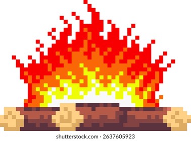 Burning wood in pixel art style, pixel fire with bright flames. Stock vector illustration