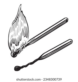 Burning wooden matchstick with flame. Match with fire sketch. Vintage vector illustration