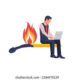 Burning work. Rush job. A businessman sitting on a burning match. Symbol of the deadline. Finish the work on time. Vector illustration flat design. Isolated on white background. 