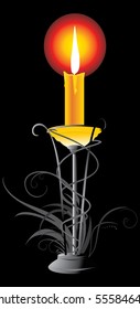 Burning yellow candle in the candlestick. Vector