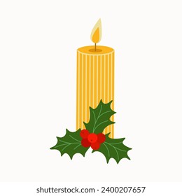 Burning yellow candle and holly berry. Christmas decoration. Hand drawn vector illustration isolated on white background, flat cartoon style.