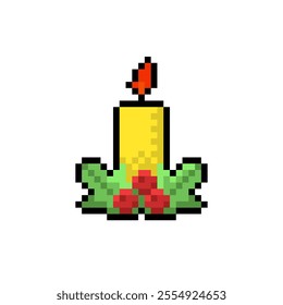 Burning yellow candle with holly leaves and berries pixel icon isolated on white background. Christmas symbol in 16-bit old style. Vector illustration of New Year elements.