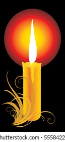 Burning yellow candle with ornament. Vector