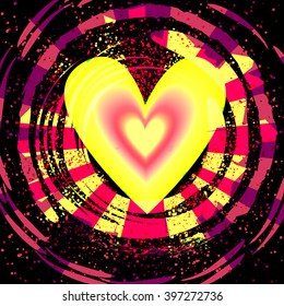 Burning, yellow heart and coming from him the flickering purple-pink lights and black circles. Vector eps 10.