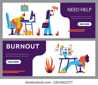 Burnout banners or flyers collection with office employees tired of working routine and toxic attitude at work, flat cartoon vector illustration. Help in case of burnout.