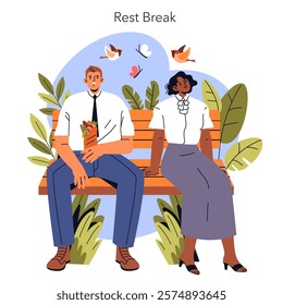 Burnout Break concept. Professionals taking a peaceful break on a bench, surrounded by nature, birds, and tranquility. Recharging during a workday. Vector illustration.