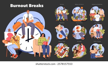 Burnout Breaks concept. Collection of activities promoting relaxation and wellness. Art, nature, digital detox, and mindfulness practices for stress relief. Vector illustration set.