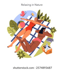 Burnout Breaks concept. Illustration of two people unwinding outdoors, lying on a hammock, symbolizing a break from stress for mental health. Vector illustration.