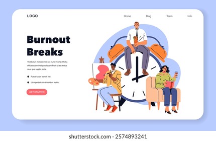 Burnout Breaks concept. Professionals taking restful pauses with leisure activities to prevent work exhaustion. Relaxation, creative pursuits, and self-care routines. Vector illustration.