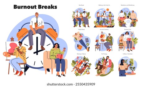 Burnout Breaks set. Different methods of relaxation portrayed through enjoyable activities for stress relief. Work-life balance, peace, and rejuvenation themes. Vector illustration.