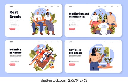 Burnout Breaks set. Illustrations displaying different ways to relax: sitting on a bench, meditating, enjoying nature, and having a beverage. Vector illustration.