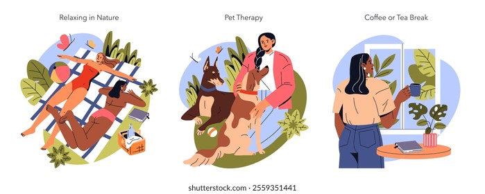 Burnout Breaks set. People finding relaxation through nature, pets, and beverages. Harmony with environment, affection with animals, and mindful pauses. Vector illustration.