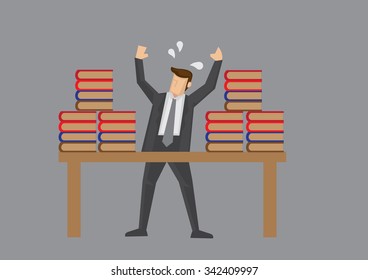 Burnout businessman with stacks of work throws up hands in desperation. Vector illustration on overworked concept isolated  on grey background.
