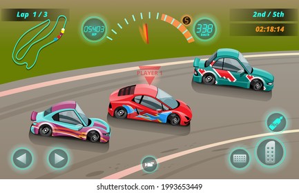 Burnout car, game sport car drift for point in game, Street racing, racing team, turbocharger, tuning. Vector illustration in 3d style design