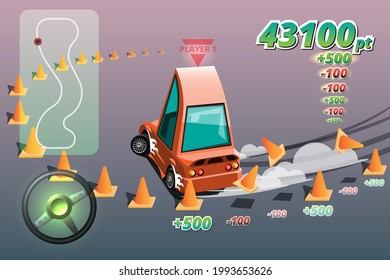 Burnout car, game sport car drift for point in game, Street racing, racing team, turbocharger, tuning. Vector illustration in 3d style design