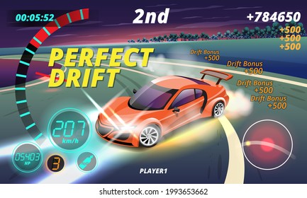 Burnout car, game sport car drift for point in game, Street racing, racing team, turbocharger, tuning. Vector illustration in 3d style design