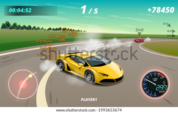 Burnout car, game sport car drift for point in\
game, Street racing, racing team, turbocharger, tuning. Vector\
illustration in 3d style\
design