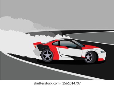 Burnout car, Japanese drift sport car, Street racing, racing team, turbocharger, tuning. Vector illustration for sticker, poster or badge