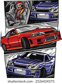 Coche burnout, coche deportivo de deriva japonés, carreras de calle, equipo de carreras, turbocompresor, afinación. Ilustración vectorial para pegatina, cartel o insignia