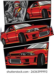 Burnout car, Japanese drift sport car, Street racing, racing team, turbocharger, tuning. Vector illustration for sticker, poster or badge