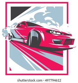 Burnout car, Japanese drift sport car, JDM, racing team, turbocharger, tuning. Vector illustration for sticker, poster or badge