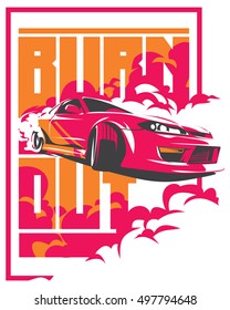 Burnout car, Japanese drift sport car, JDM, racing team, turbocharger, tuning. Vector illustration for sticker, poster or badge