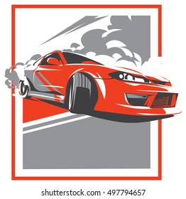 Burnout car, Japanese drift sport car, JDM, racing team, turbocharger, tuning. Vector illustration for sticker, poster or badge