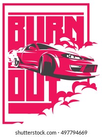 Burnout car, Japanese drift sport car, JDM, racing team, turbocharger, tuning. Vector illustration for sticker, poster or badge