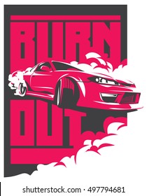 Burnout car, Japanese drift sport car, JDM, racing team, turbocharger, tuning. Vector illustration for sticker, poster or badge