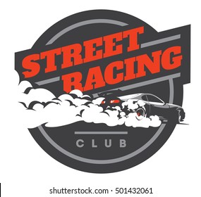 Burnout car, Japanese drift sport car, Street racing, JDM, racing team, turbocharger, tuning. Vector illustration for sticker, poster or badge