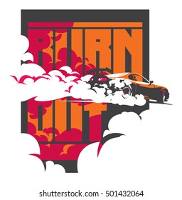 Burnout car, Japanese drift sport car, Street racing, JDM, racing team, turbocharger, tuning. Vector illustration for sticker, poster or badge