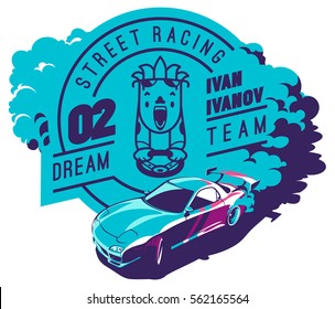 Automóvil de tiro al aire libre, coche deportivo japonés de deriva, carreras en la calle, equipo de carreras, turbocompresor, puesta a punto. Ilustración vectorial para adhesivo, afiche o placa