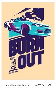 Burnout car, Japanese drift sport car, Street racing, racing team, turbocharger, tuning. Vector illustration for sticker, poster or badge