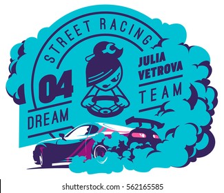 Burnout car, Japanese drift sport car, Street racing, racing team, turbocharger, tuning. Vector illustration for sticker, poster or badge